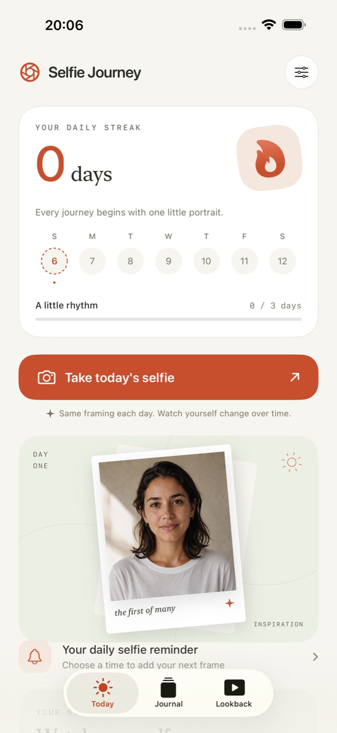 Selfie Journey Today screen with a daily streak, weekly progress, and a button to take today’s selfie